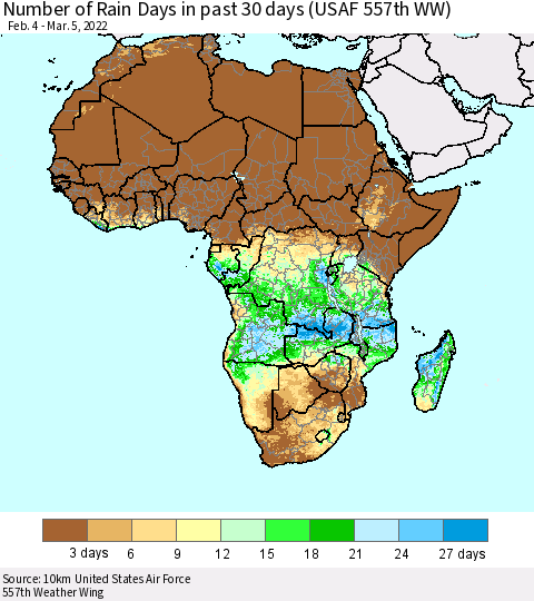 Africa Number of Rain Days in past 30 days (USAF 557th WW) 03/05/2022 Thematic Map For 3/1/2022 - 3/5/2022