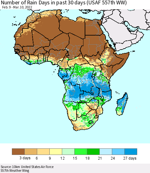 Africa Number of Rain Days in past 30 days (USAF 557th WW) 03/10/2022 Thematic Map For 3/6/2022 - 3/10/2022