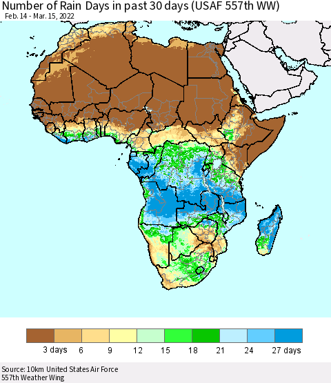 Africa Number of Rain Days in past 30 days (USAF 557th WW) 03/15/2022 Thematic Map For 3/11/2022 - 3/15/2022