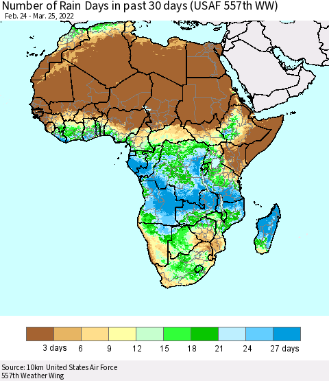 Africa Number of Rain Days in past 30 days (USAF 557th WW) 03/25/2022 Thematic Map For 3/21/2022 - 3/25/2022