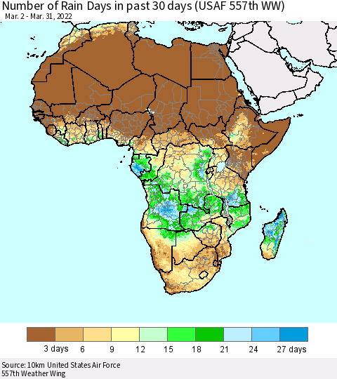 Africa Number of Rain Days in past 30 days (USAF 557th WW) 03/31/2022 Thematic Map For 3/26/2022 - 3/31/2022