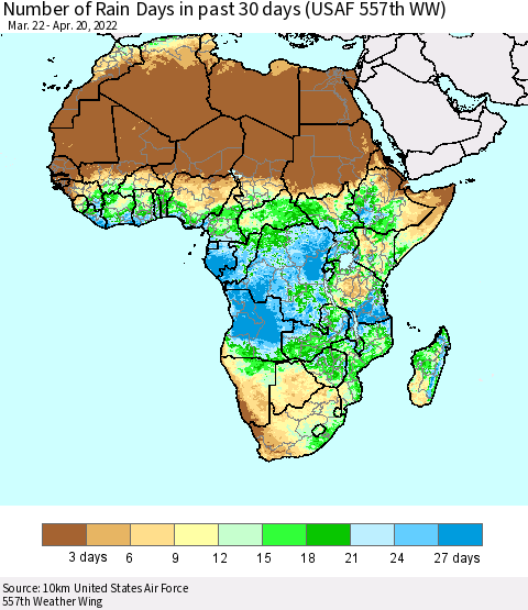 Africa Number of Rain Days in past 30 days (USAF 557th WW) 04/20/2022 Thematic Map For 4/16/2022 - 4/20/2022