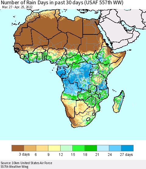 Africa Number of Rain Days in past 30 days (USAF 557th WW) 04/25/2022 Thematic Map For 4/21/2022 - 4/25/2022