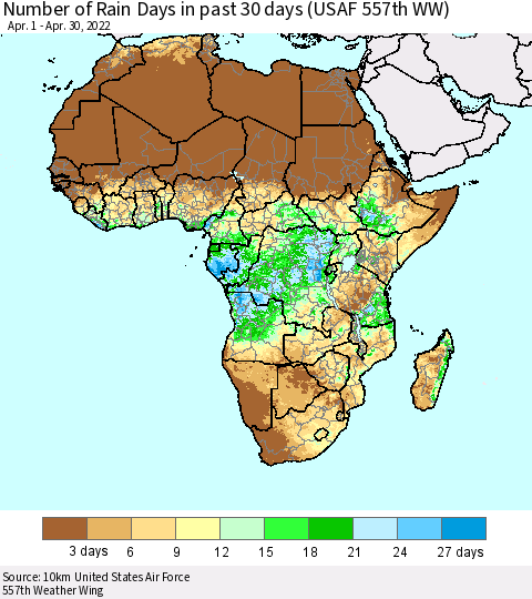 Africa Number of Rain Days in past 30 days (USAF 557th WW) 04/30/2022 Thematic Map For 4/26/2022 - 4/30/2022
