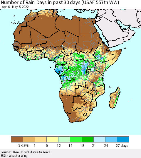 Africa Number of Rain Days in past 30 days (USAF 557th WW) 05/05/2022 Thematic Map For 5/1/2022 - 5/5/2022