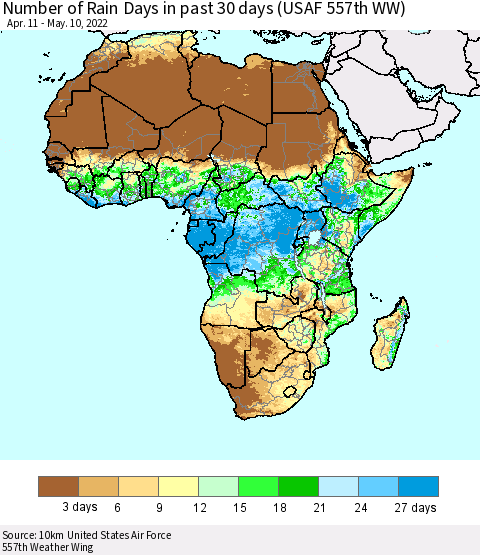 Africa Number of Rain Days in past 30 days (USAF 557th WW) 05/10/2022 Thematic Map For 5/6/2022 - 5/10/2022