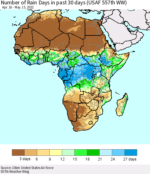 Africa Number of Rain Days in past 30 days (USAF 557th WW) 05/15/2022 Thematic Map For 5/11/2022 - 5/15/2022