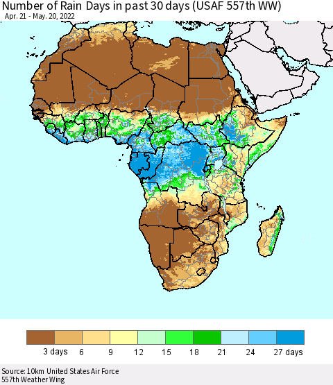 Africa Number of Rain Days in past 30 days (USAF 557th WW) 05/20/2022 Thematic Map For 5/16/2022 - 5/20/2022