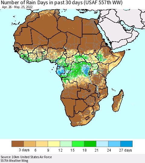 Africa Number of Rain Days in past 30 days (USAF 557th WW) 05/25/2022 Thematic Map For 5/21/2022 - 5/25/2022