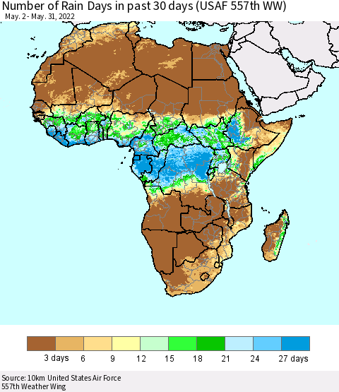 Africa Number of Rain Days in past 30 days (USAF 557th WW) 05/31/2022 Thematic Map For 5/26/2022 - 5/31/2022