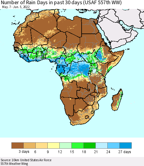 Africa Number of Rain Days in past 30 days (USAF 557th WW) 06/05/2022 Thematic Map For 6/1/2022 - 6/5/2022