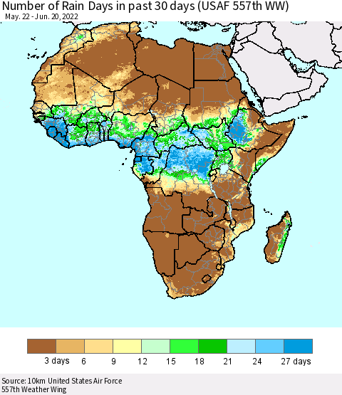 Africa Number of Rain Days in past 30 days (USAF 557th WW) 06/20/2022 Thematic Map For 6/16/2022 - 6/20/2022