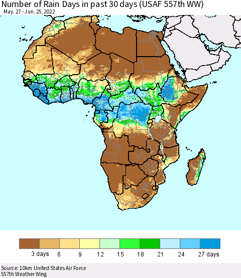 Africa Number of Rain Days in past 30 days (USAF 557th WW) 06/25/2022 Thematic Map For 6/21/2022 - 6/25/2022