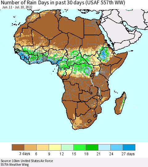 Africa Number of Rain Days in past 30 days (USAF 557th WW) 07/10/2022 Thematic Map For 7/6/2022 - 7/10/2022