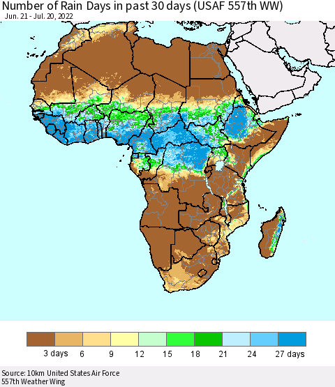Africa Number of Rain Days in past 30 days (USAF 557th WW) 07/20/2022 Thematic Map For 7/16/2022 - 7/20/2022