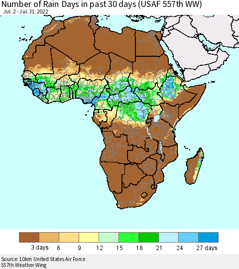 Africa Number of Rain Days in past 30 days (USAF 557th WW) 07/31/2022 Thematic Map For 7/26/2022 - 7/31/2022