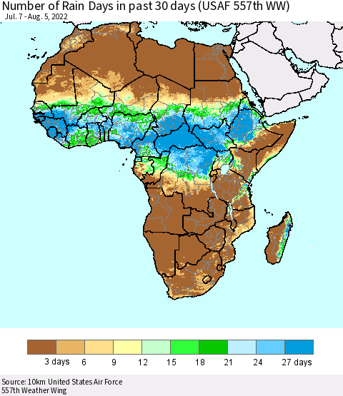 Africa Number of Rain Days in past 30 days (USAF 557th WW) 08/05/2022 Thematic Map For 8/1/2022 - 8/5/2022