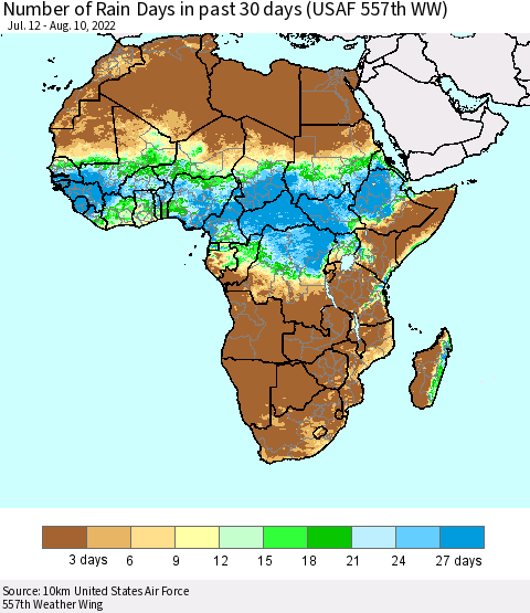 Africa Number of Rain Days in past 30 days (USAF 557th WW) 08/10/2022 Thematic Map For 8/6/2022 - 8/10/2022
