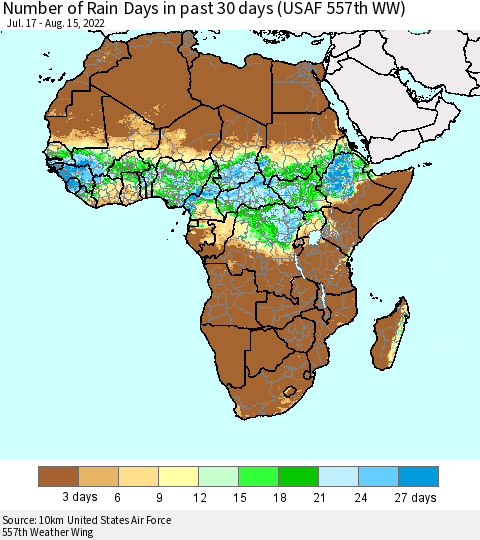 Africa Number of Rain Days in past 30 days (USAF 557th WW) 08/15/2022 Thematic Map For 8/11/2022 - 8/15/2022