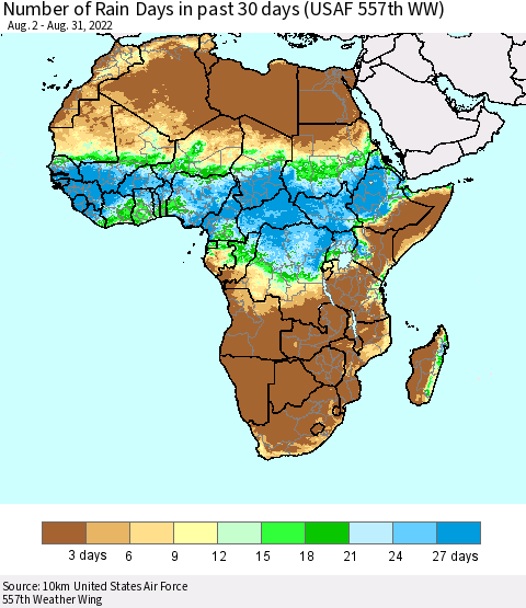 Africa Number of Rain Days in past 30 days (USAF 557th WW) 08/31/2022 Thematic Map For 8/26/2022 - 8/31/2022