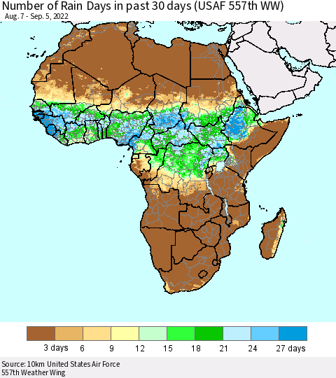 Africa Number of Rain Days in past 30 days (USAF 557th WW) 09/05/2022 Thematic Map For 9/1/2022 - 9/5/2022