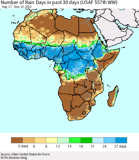 Africa Number of Rain Days in past 30 days (USAF 557th WW) 09/15/2022 Thematic Map For 9/11/2022 - 9/15/2022