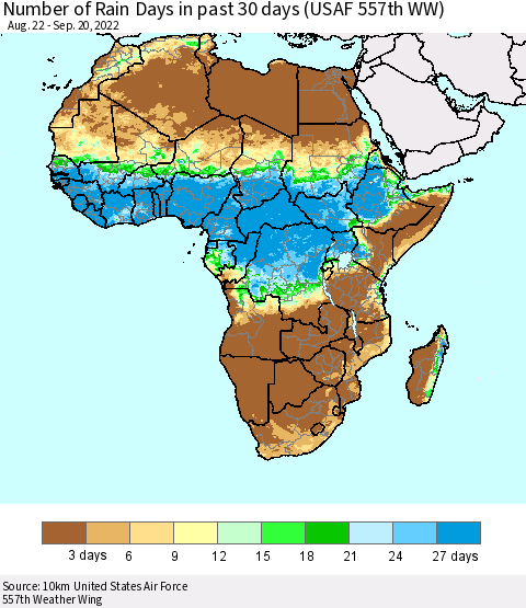 Africa Number of Rain Days in past 30 days (USAF 557th WW) 09/20/2022 Thematic Map For 9/16/2022 - 9/20/2022