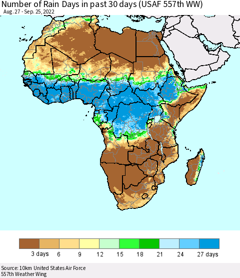 Africa Number of Rain Days in past 30 days (USAF 557th WW) 09/25/2022 Thematic Map For 9/21/2022 - 9/25/2022