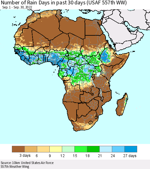 Africa Number of Rain Days in past 30 days (USAF 557th WW) 09/30/2022 Thematic Map For 9/26/2022 - 9/30/2022