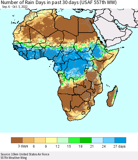 Africa Number of Rain Days in past 30 days (USAF 557th WW) 10/05/2022 Thematic Map For 10/1/2022 - 10/5/2022