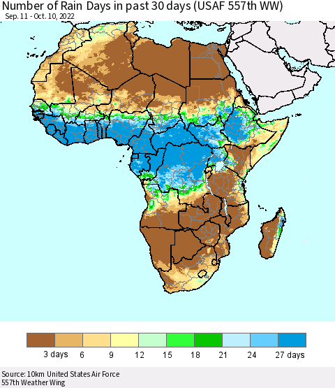 Africa Number of Rain Days in past 30 days (USAF 557th WW) 10/10/2022 Thematic Map For 10/6/2022 - 10/10/2022