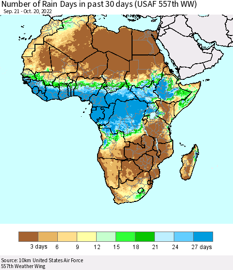 Africa Number of Rain Days in past 30 days (USAF 557th WW) 10/20/2022 Thematic Map For 10/16/2022 - 10/20/2022