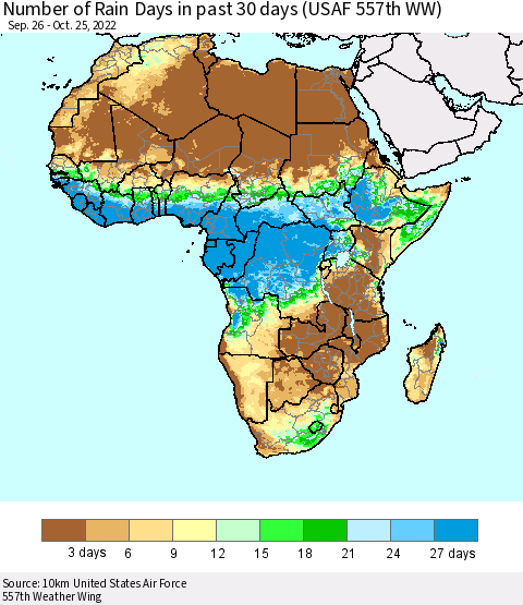 Africa Number of Rain Days in past 30 days (USAF 557th WW) 10/25/2022 Thematic Map For 10/21/2022 - 10/25/2022