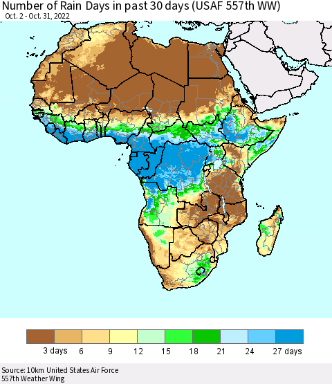 Africa Number of Rain Days in past 30 days (USAF 557th WW) 10/31/2022 Thematic Map For 10/26/2022 - 10/31/2022