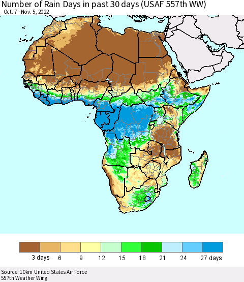Africa Number of Rain Days in past 30 days (USAF 557th WW) 11/05/2022 Thematic Map For 11/1/2022 - 11/5/2022