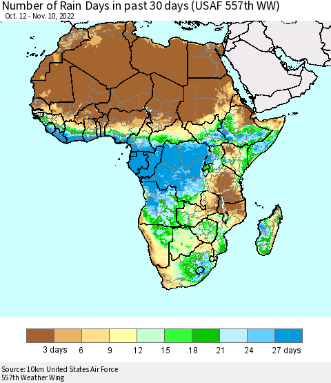 Africa Number of Rain Days in past 30 days (USAF 557th WW) 11/10/2022 Thematic Map For 11/6/2022 - 11/10/2022