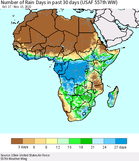 Africa Number of Rain Days in past 30 days (USAF 557th WW) 11/15/2022 Thematic Map For 11/11/2022 - 11/15/2022