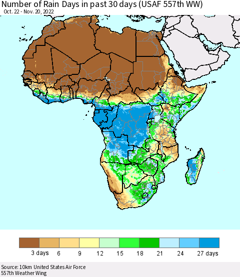 Africa Number of Rain Days in past 30 days (USAF 557th WW) 11/20/2022 Thematic Map For 11/16/2022 - 11/20/2022
