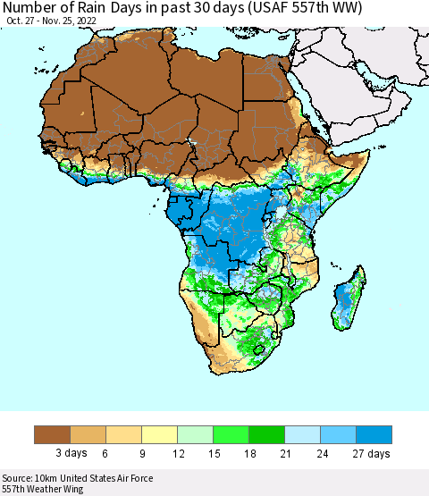 Africa Number of Rain Days in past 30 days (USAF 557th WW) 11/25/2022 Thematic Map For 11/21/2022 - 11/25/2022