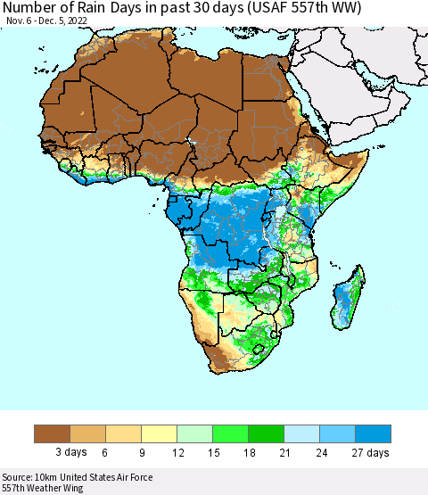 Africa Number of Rain Days in past 30 days (USAF 557th WW) 12/05/2022 Thematic Map For 12/1/2022 - 12/5/2022