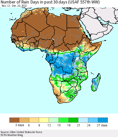 Africa Number of Rain Days in past 30 days (USAF 557th WW) 12/10/2022 Thematic Map For 12/6/2022 - 12/10/2022
