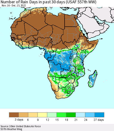 Africa Number of Rain Days in past 30 days (USAF 557th WW) 12/15/2022 Thematic Map For 12/11/2022 - 12/15/2022