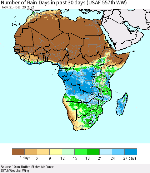Africa Number of Rain Days in past 30 days (USAF 557th WW) 12/20/2022 Thematic Map For 12/16/2022 - 12/20/2022