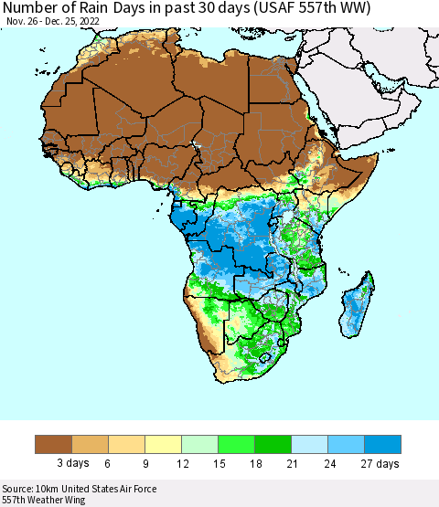 Africa Number of Rain Days in past 30 days (USAF 557th WW) 12/25/2022 Thematic Map For 12/21/2022 - 12/25/2022