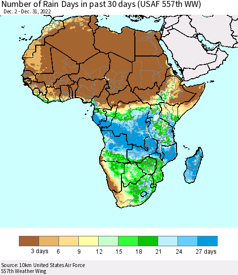 Africa Number of Rain Days in past 30 days (USAF 557th WW) 12/31/2022 Thematic Map For 12/26/2022 - 12/31/2022