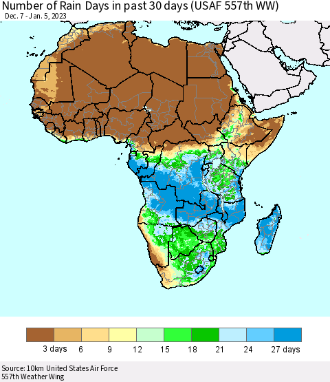 Africa Number of Rain Days in past 30 days (USAF 557th WW) 01/05/2023 Thematic Map For 1/1/2023 - 1/5/2023