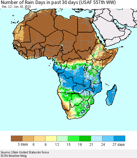 Africa Number of Rain Days in past 30 days (USAF 557th WW) 01/10/2023 Thematic Map For 1/6/2023 - 1/10/2023