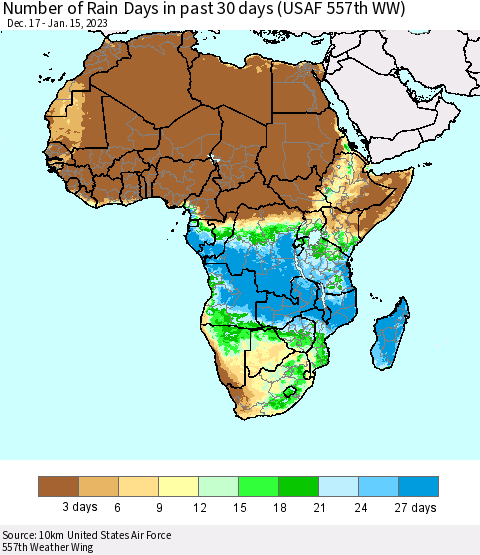 Africa Number of Rain Days in past 30 days (USAF 557th WW) 01/15/2023 Thematic Map For 1/11/2023 - 1/15/2023