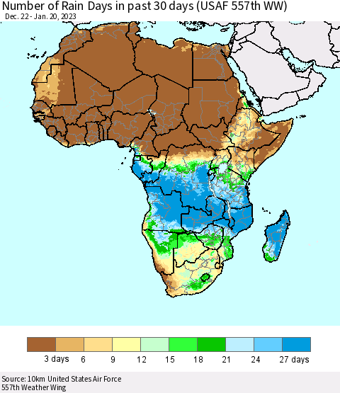 Africa Number of Rain Days in past 30 days (USAF 557th WW) 01/20/2023 Thematic Map For 1/16/2023 - 1/20/2023