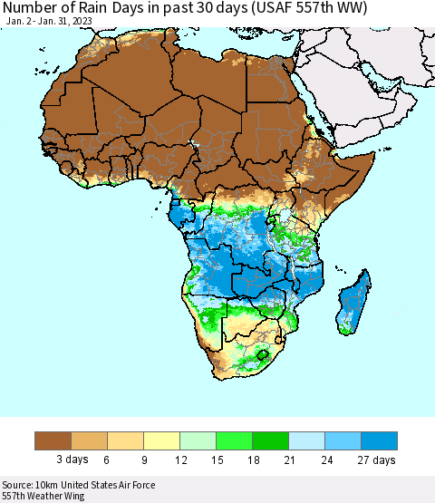Africa Number of Rain Days in past 30 days (USAF 557th WW) 01/31/2023 Thematic Map For 1/26/2023 - 1/31/2023